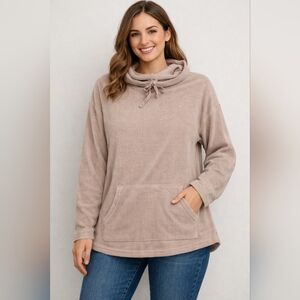 Spring + Mercer Chenille Sweater Sz Large Taupe Cowl Neck Kangaroo Pocket NWT